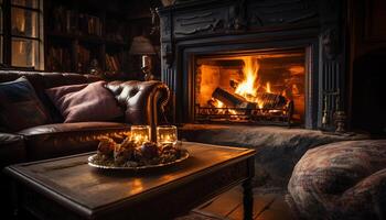 ai gegenereerd knus leven kamer met brandend haard brengt warmte gegenereerd door ai foto