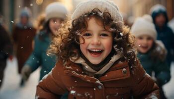 ai gegenereerd glimlachen meisjes in winter, spelen buitenshuis met vreugde gegenereerd door ai foto