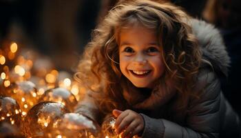 ai gegenereerd glimlachen kind geniet winter, omringd door Kerstmis lichten gegenereerd door ai foto