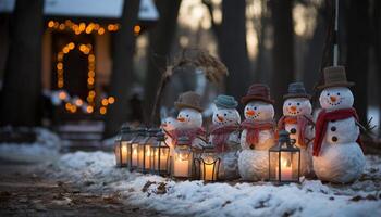 ai gegenereerd glimlachen sneeuwman viert winter nacht met gloeiend kaars gegenereerd door ai foto