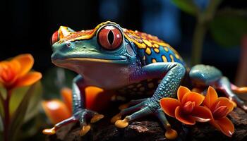 ai gegenereerd rood ogen boom kikker zittend Aan een blad gegenereerd door ai foto