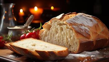 ai gegenereerd vers gebakken brood Aan houten tafel, gezond maaltijd gegenereerd door ai foto