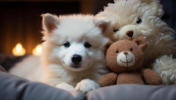 ai gegenereerd schattig puppy spelen met een teddy beer geschenk gegenereerd door ai foto