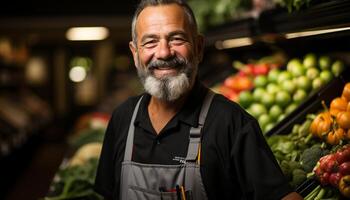 ai gegenereerd glimlachen Mens houdt vers groenten Bij de supermarkt gegenereerd door ai foto