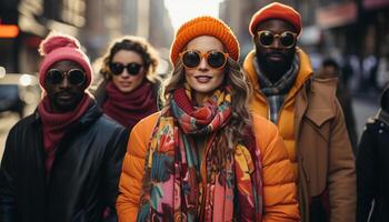 ai gegenereerd een groep van vrienden genieten van herfst in de stad gegenereerd door ai foto