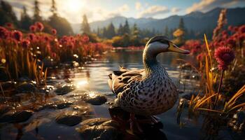 ai gegenereerd eend in vijver, water vogel, natuur schoonheid gegenereerd door ai foto