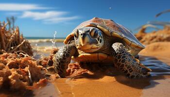 ai gegenereerd schattig schildpad kruipen Aan zand in tropisch klimaat gegenereerd door ai foto