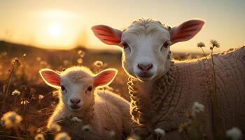 ai gegenereerd schattig jong lam begrazing in groen weide gegenereerd door ai foto