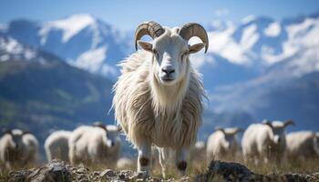 ai gegenereerd schattig schapen begrazing Aan een besneeuwd berg gegenereerd door ai foto