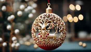 ai gegenereerd glimmend ornament hangende Aan Kerstmis boom, gloeiend goud gegenereerd door ai foto