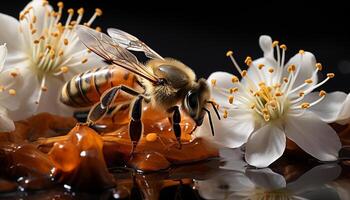 ai gegenereerd honing bij bestuiven bloem, natuur schoonheid gegenereerd door ai foto