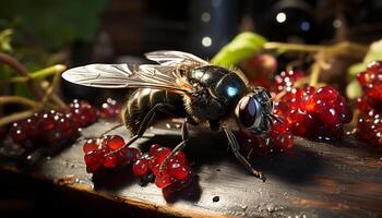 ai gegenereerd insect bestuiving bij vliegen, fruit, zoet voedsel gegenereerd door ai foto