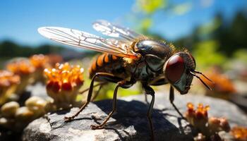 ai gegenereerd klein bij vliegen, bestuiven geel bloem in natuur gegenereerd door ai foto