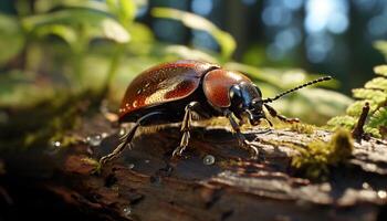 ai gegenereerd klein snuitkever kruipen Aan groen blad in Woud gegenereerd door ai foto