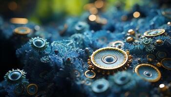 ai gegenereerd metalen machinerie draaien in een blauw fabriek werkplaats gegenereerd door ai foto