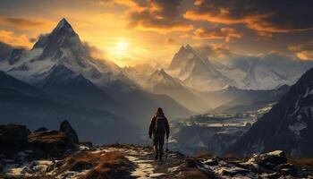 ai gegenereerd wandelen mannen onderzoeken majestueus berg top Bij zonsondergang gegenereerd door ai foto