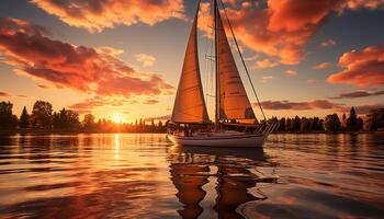 ai gegenereerd zeilboot glijdt Aan rustig water, zonsondergang verven schoonheid gegenereerd door ai foto