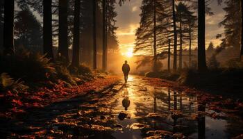 ai gegenereerd een Mens wandelen in de Woud Bij zonsondergang gegenereerd door ai foto