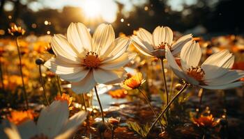 ai gegenereerd geel madeliefje bloesems in weide, levendig en vers gegenereerd door ai foto