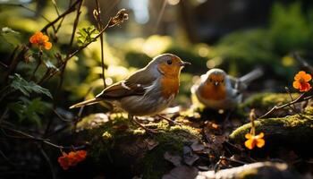 ai gegenereerd een schattig geel vogel neerstrijken Aan een Afdeling gegenereerd door ai foto