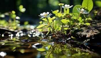 ai gegenereerd vers groen bladeren reflecteren in rustig vijver water gegenereerd door ai foto