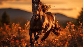 ai gegenereerd paard rennen in weide, zonsondergang verven schoonheid gegenereerd door ai foto