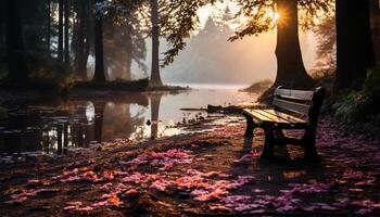 ai gegenereerd rustig tafereel herfst boom, blad, bank, vijver gegenereerd door ai foto