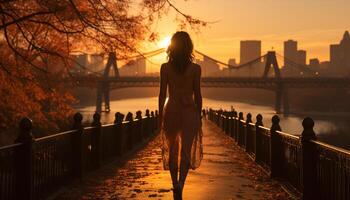 ai gegenereerd jong vrouw jogging buitenshuis Bij zonsondergang door de brug gegenereerd door ai foto