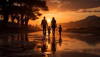 ai gegenereerd familie wandelen samen, hand- in hand, genieten van natuur gegenereerd door ai foto