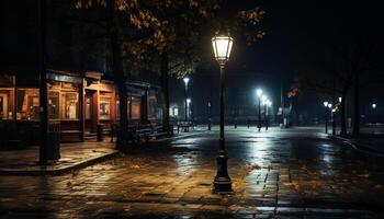 ai gegenereerd stad straat verlichte door straat lichten Bij schemer gegenereerd door ai foto