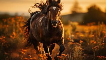 ai gegenereerd rennen paard in zonsondergang, presentatie van schoonheid en vrijheid gegenereerd door ai foto