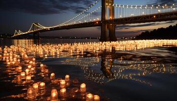 ai gegenereerd verlichte brug weerspiegelt levendig stadsgezicht in rustig schemering gegenereerd door ai foto