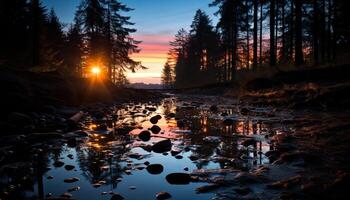 ai gegenereerd rustig tafereel van zonsondergang over- water en Woud gegenereerd door ai foto