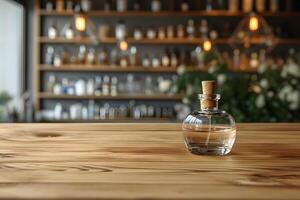 ai gegenereerd leeg hout tafel met wazig parfum decor winkel aroma tafereel foto