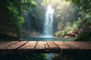 ai gegenereerd leeg houten plank verdieping met wazig waterval achtergrond, natuurlijk harmonie foto