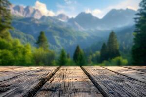 ai gegenereerd hout tafel tegen wazig berg backdrop foto