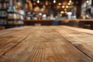 ai gegenereerd houten tafel met wazig cafe achtergrond, knus koffie hoek foto