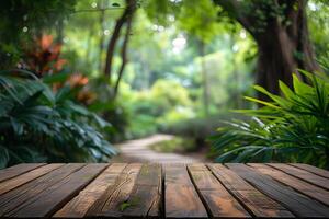 ai gegenereerd leeg hout tafel en wazig dier tafereel, dierentuin dieren in het wild elegantie foto