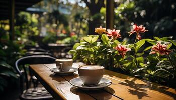 ai gegenereerd koffie winkel tafel, vers cappuccino, bloem, natuur gegenereerd door ai foto