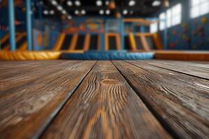 ai gegenereerd houten tafel met trampoline park tafereel achtergrond foto