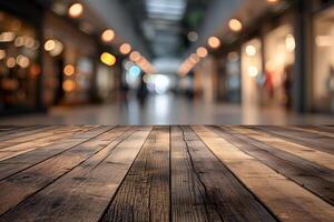 ai gegenereerd houten tafel met bokeh boodschappen doen winkelcentrum lichten foto