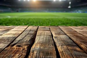 ai gegenereerd vrijgekomen houten tafel met vervagen voetbal stadion achtergrond foto