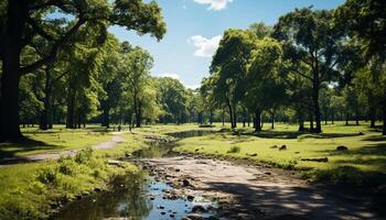 ai gegenereerd rustig tafereel van groen weide, boom, en vijver gegenereerd door ai foto