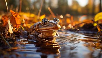 ai gegenereerd schattig pad zittend Aan nat blad in Woud gegenereerd door ai foto