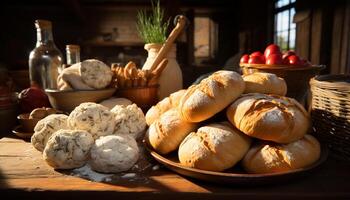 ai gegenereerd versheid en rustiek brood in een houten mand gegenereerd door ai foto