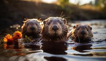 ai gegenereerd schattig klein zoogdier op zoek Bij camera in water gegenereerd door ai foto