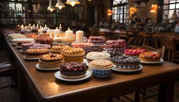 ai gegenereerd fijnproever toetje Aan hout tafel, toegeeflijkheid en viering gegenereerd door ai foto