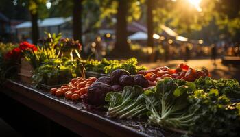 ai gegenereerd vers groente salade Aan houten tafel in zomer gegenereerd door ai foto