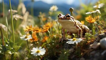 ai gegenereerd schattig pad zittend Aan gras, op zoek Bij madeliefje gegenereerd door ai foto