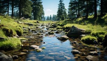 ai gegenereerd rustig tafereel van een groen Woud reflecterend zonlicht gegenereerd door ai foto